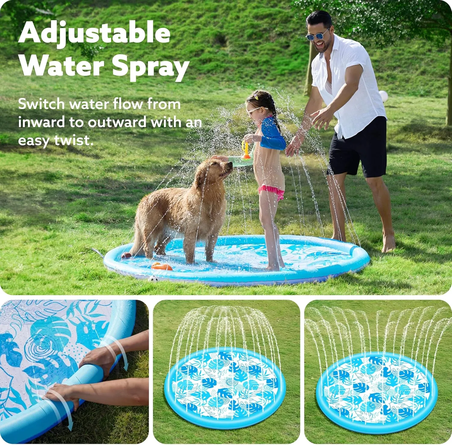 SLOOSH Splash Pad Sprinkler Mat - 6ft Tropical Leaves Outdoor Water Play Toys for Kids Dogs, Backyard Party in Summer Decor Outside Water Games Fountain Pool Children Boys Girls Toddlers Baby (Blue)