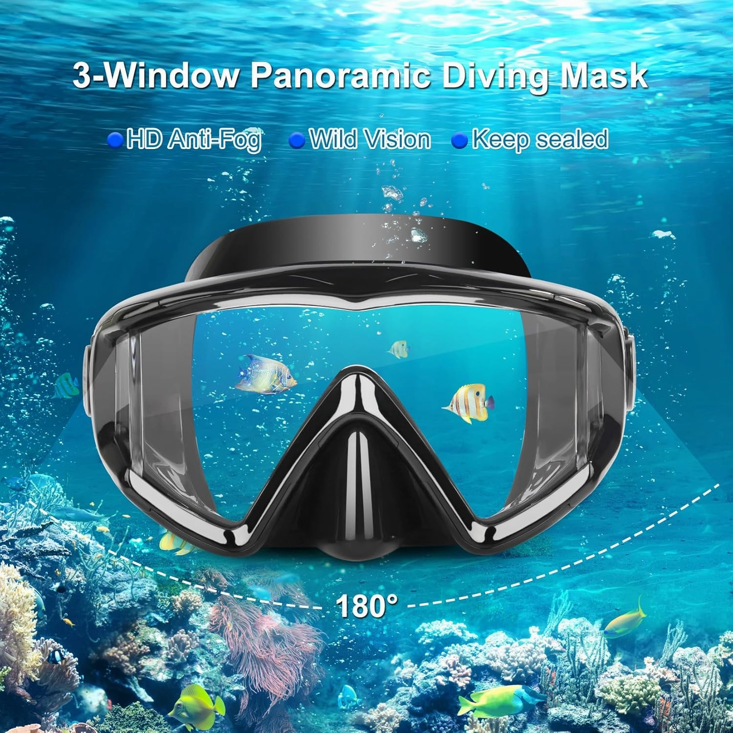 Snorkel Diving Mask, Ultimate Pano 3 HD Snorkeling Mask Anti-Fog Swim Mask Goggles with Nose Cover Adults & Youth for Diving, Snorkeling and Swimming
