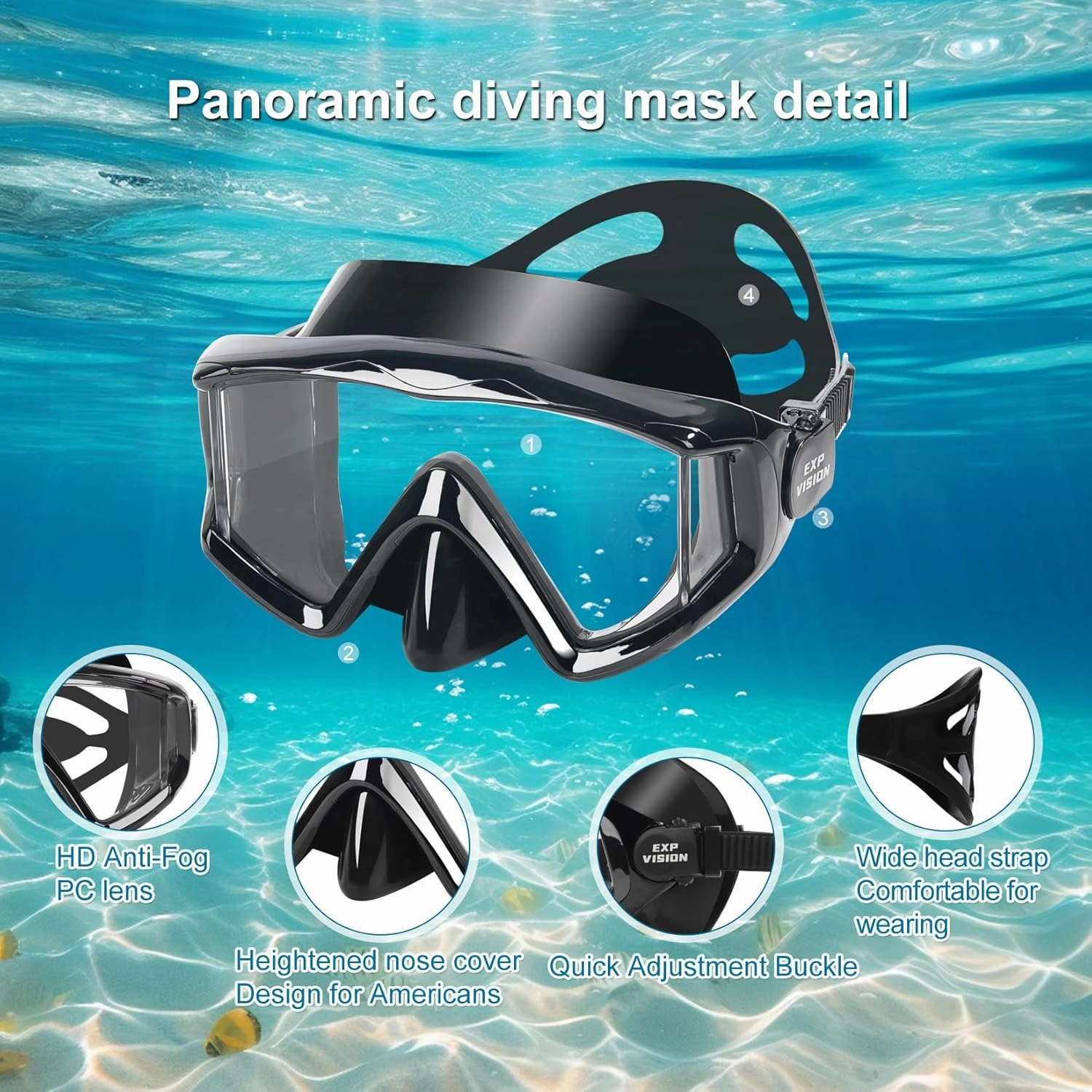 Snorkel Diving Mask, Ultimate Pano 3 HD Snorkeling Mask Anti-Fog Swim Mask Goggles with Nose Cover Adults & Youth for Diving, Snorkeling and Swimming