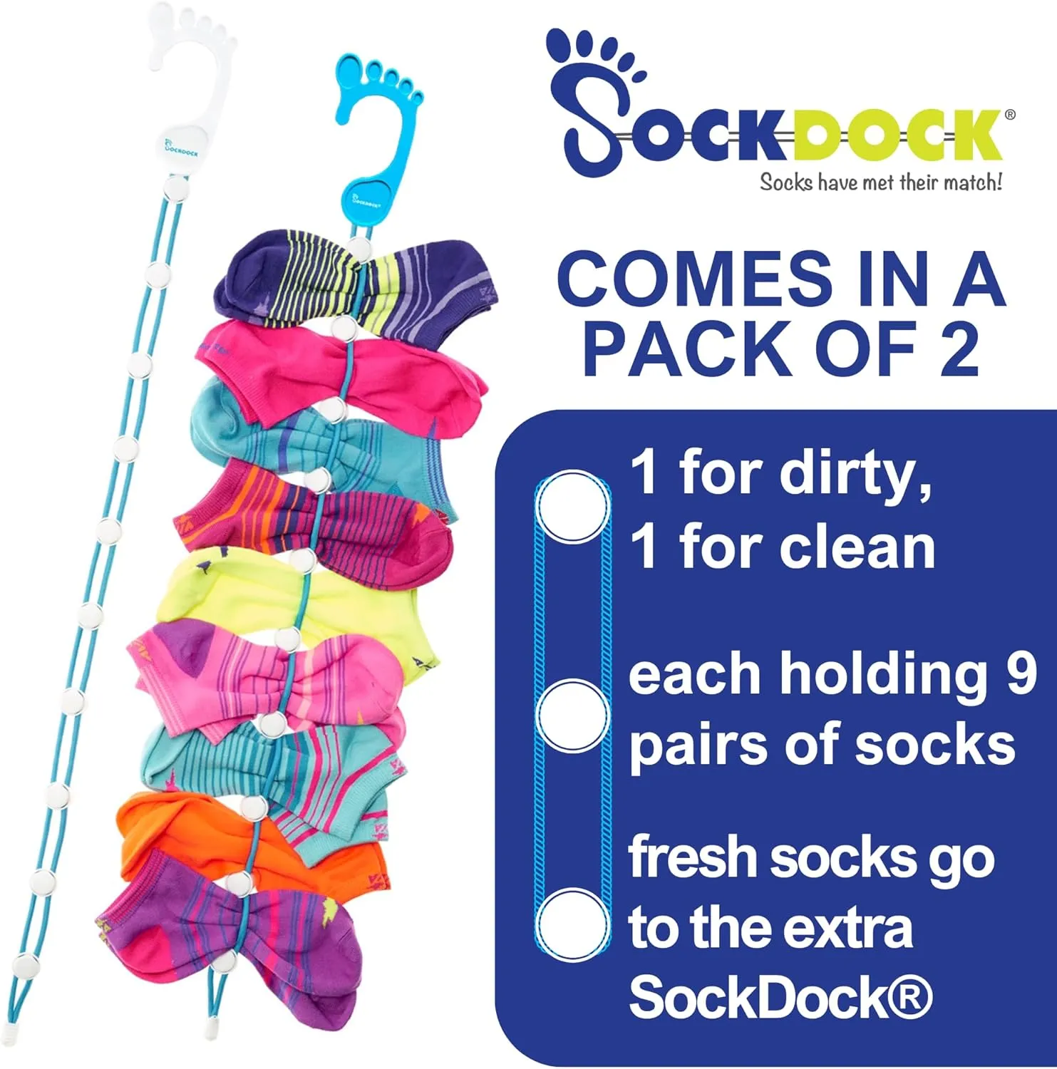 Sock Laundry Solution for Washing Drying & Storing Socks in Pairs, Clip & Hold Small & Long Socks in Washer Dryer & Closet, 2-Pack (Blue)