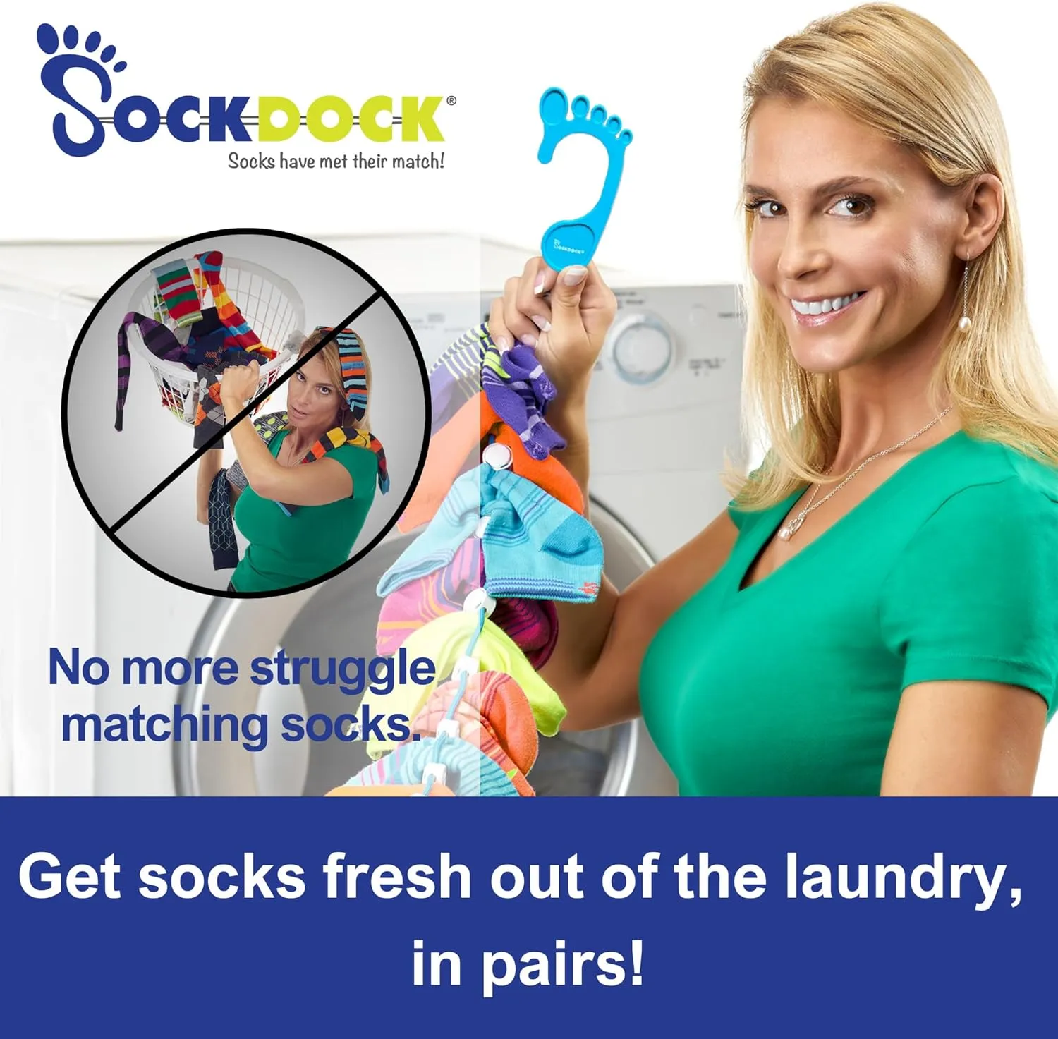 Sock Laundry Solution for Washing Drying & Storing Socks in Pairs, Clip & Hold Small & Long Socks in Washer Dryer & Closet, 2-Pack (Blue)