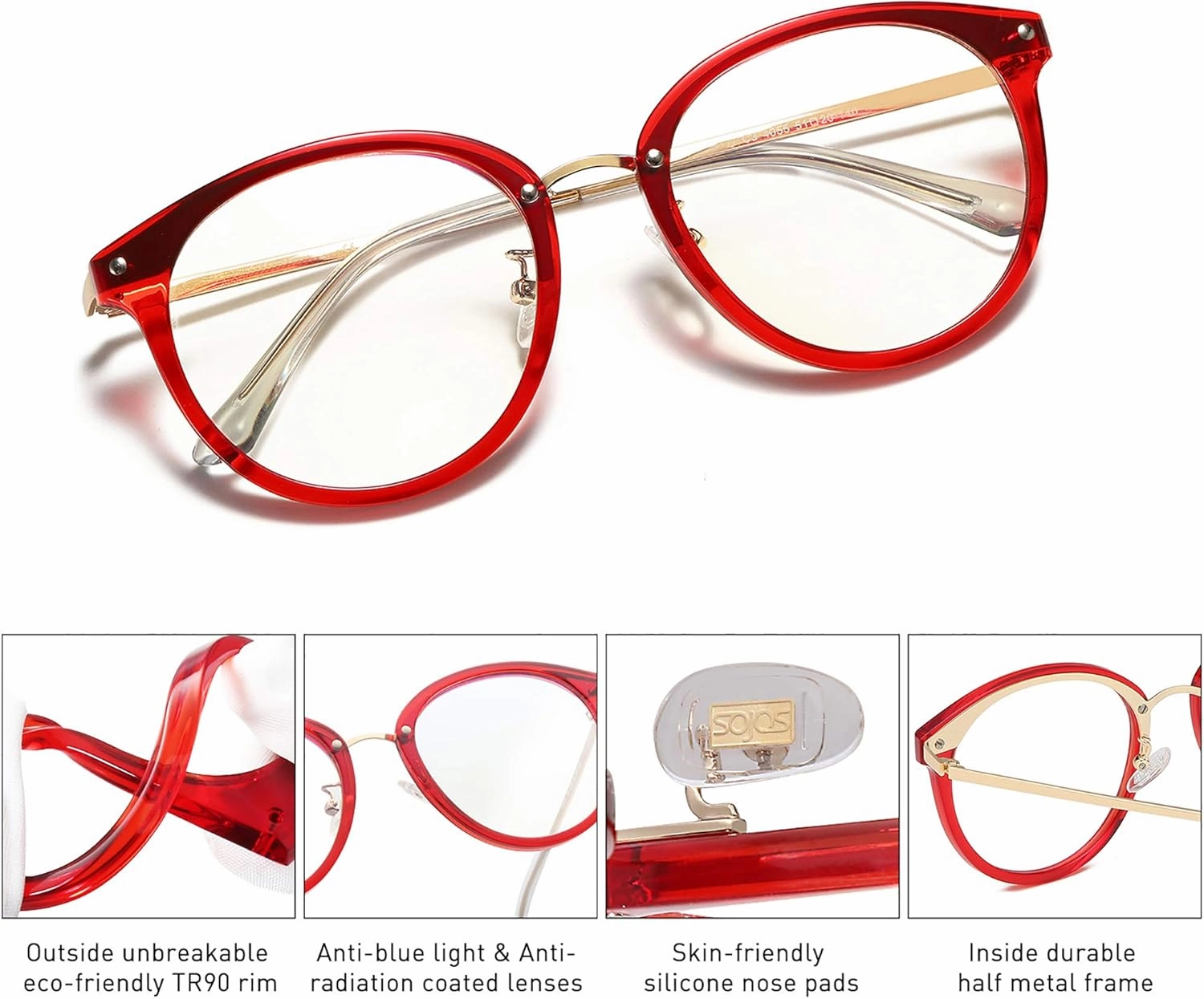 SOJOS Retro Round TR90 Blue Light Reading Glasses Womens Mens Readers Computer Glasses Eyewear Frame SJ9001