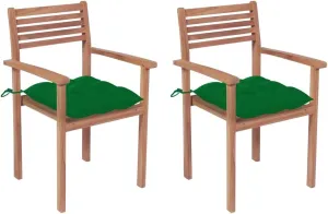 Solid Teak Wood Patio Chairs with Green Cushions 2-Piece Set, Stackable Outdoor Furniture for Garden Beach Poolside, All-Weather Durable Lounge Chairs