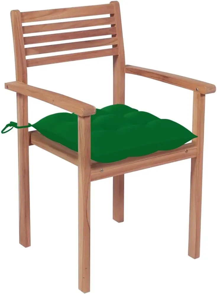 Solid Teak Wood Patio Chairs with Green Cushions 2-Piece Set, Stackable Outdoor Furniture for Garden Beach Poolside, All-Weather Durable Lounge Chairs