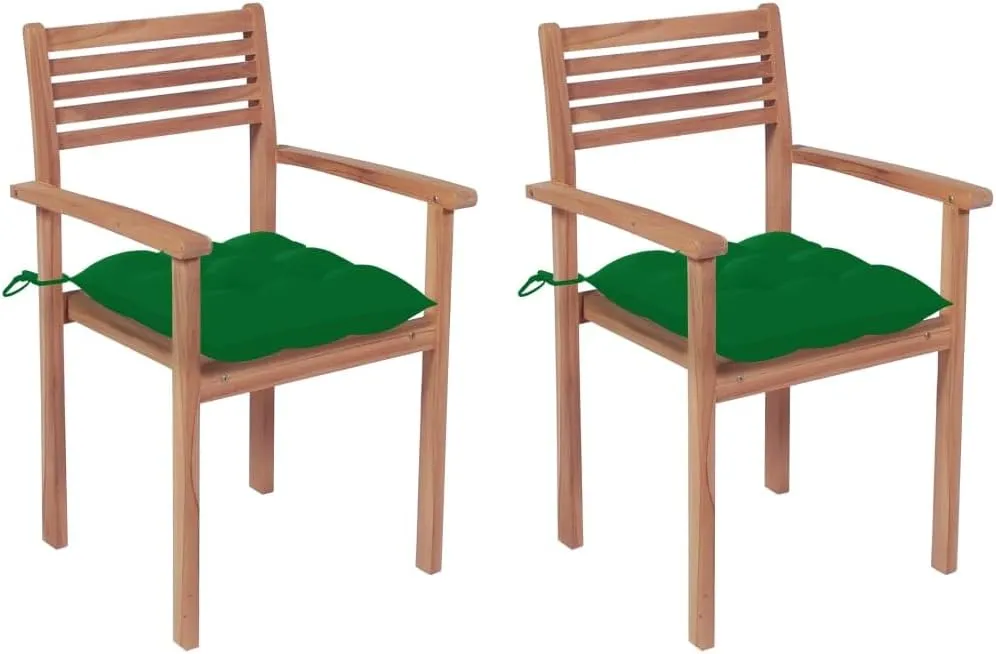 Solid Teak Wood Patio Chairs with Green Cushions 2-Piece Set, Stackable Outdoor Furniture for Garden Beach Poolside, All-Weather Durable Lounge Chairs