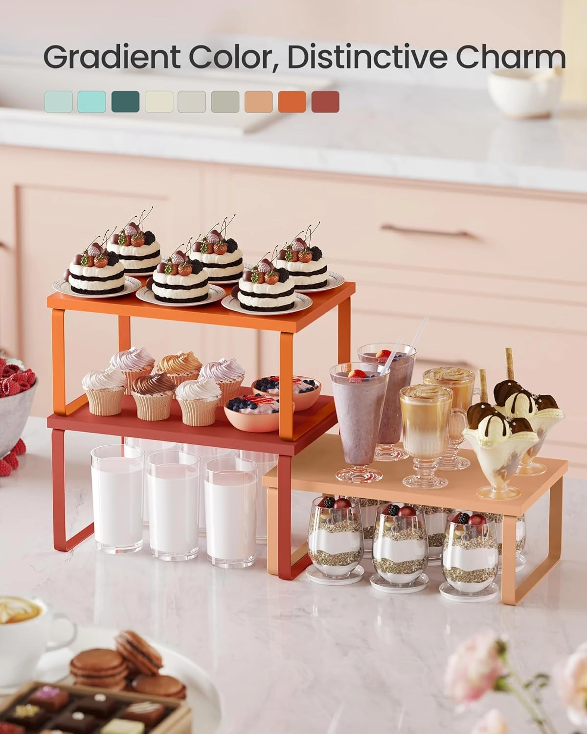 SONGMICS Cabinet Organizer Shelf, Set of 3 Kitchen Counter Shelves, Kitchen Storage, Spice Rack, Stackable, Expandable, Apricot Orange UKCS220Y01