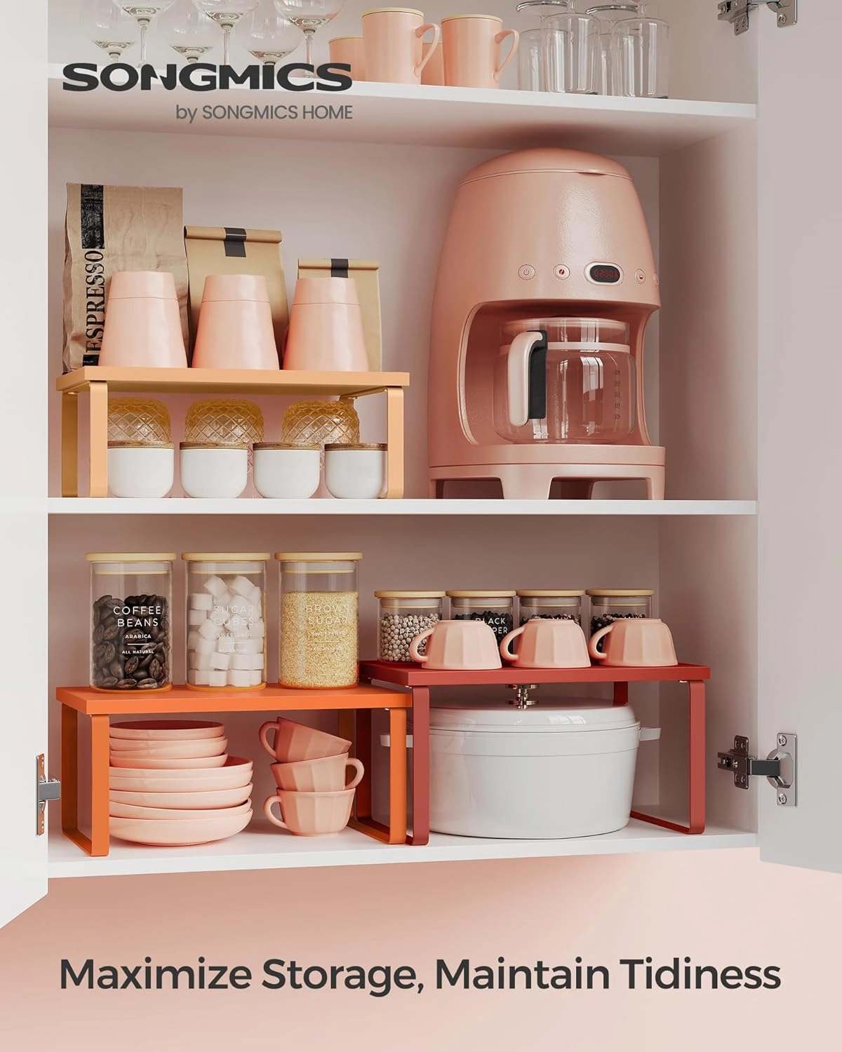 SONGMICS Cabinet Organizer Shelf, Set of 3 Kitchen Counter Shelves, Kitchen Storage, Spice Rack, Stackable, Expandable, Apricot Orange UKCS220Y01