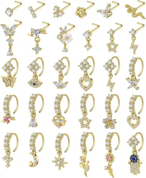SONNYX 30Pcs 20G Stainless Steel Nose Rings Hoops Dangle Nose Rings for Women L Shaped Nose Studs CZ Flower Star Butterfly Heart Dangly Silver Gold Nose Piercing Jewelry