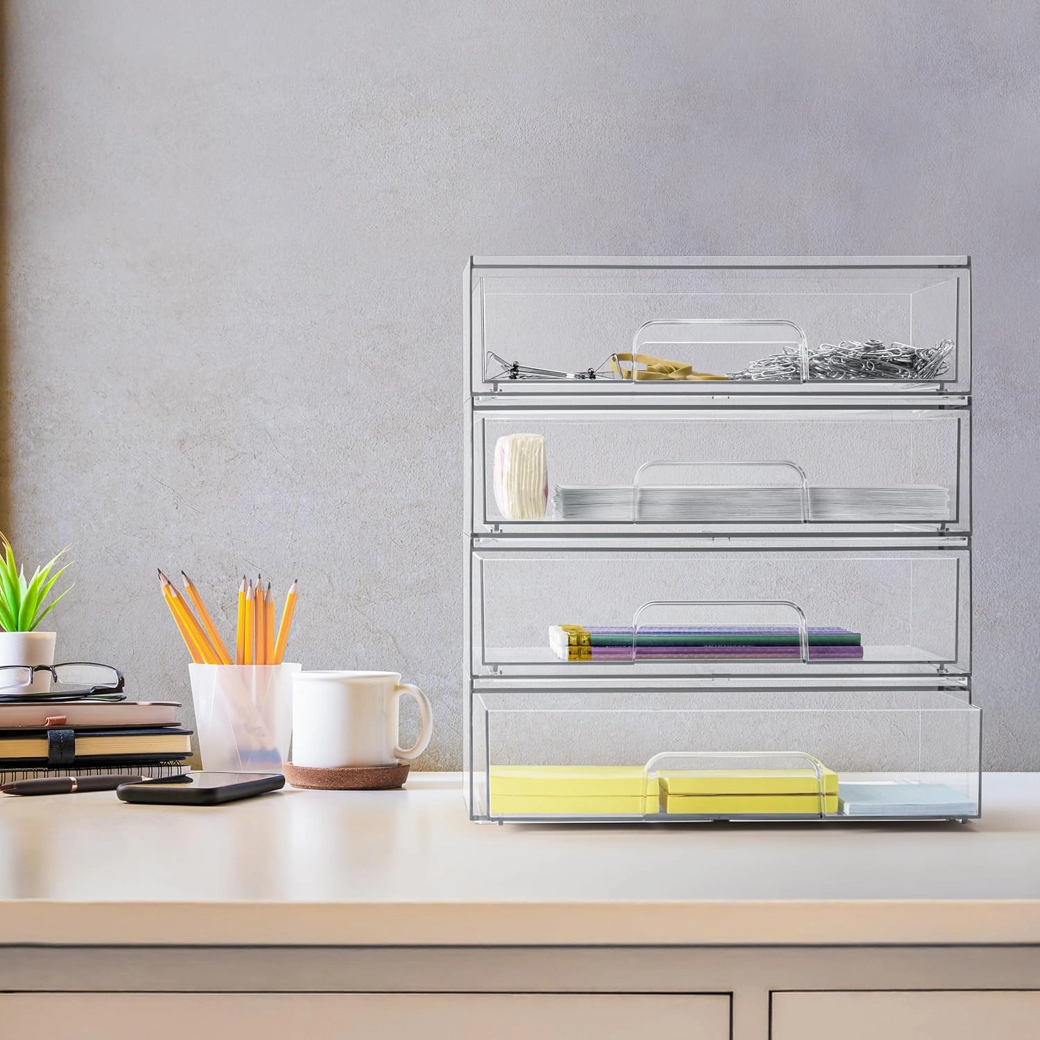 Sorbus Acrylic Storage Containers - 4 Pack, Stackable Storage Bins Set for Bathroom Organization - Clear Acrylic Drawer Organizers - Makeup Case Pull-Out Drawers (12.1’’ Wide)