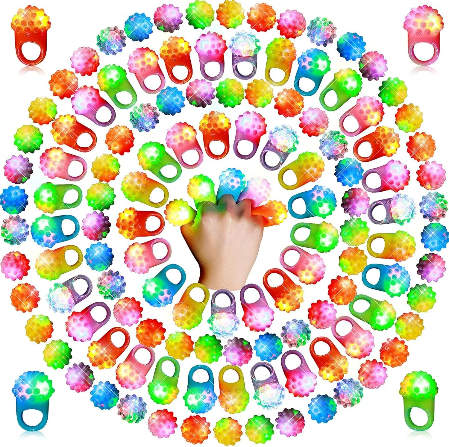 Sosation 100 Pcs Light up LED Flashing Ring Glow in The Dark Bumpy Jelly Ring Finger Light Birthday Party Favors Blinking Decor for Party Favor(Rainbow)