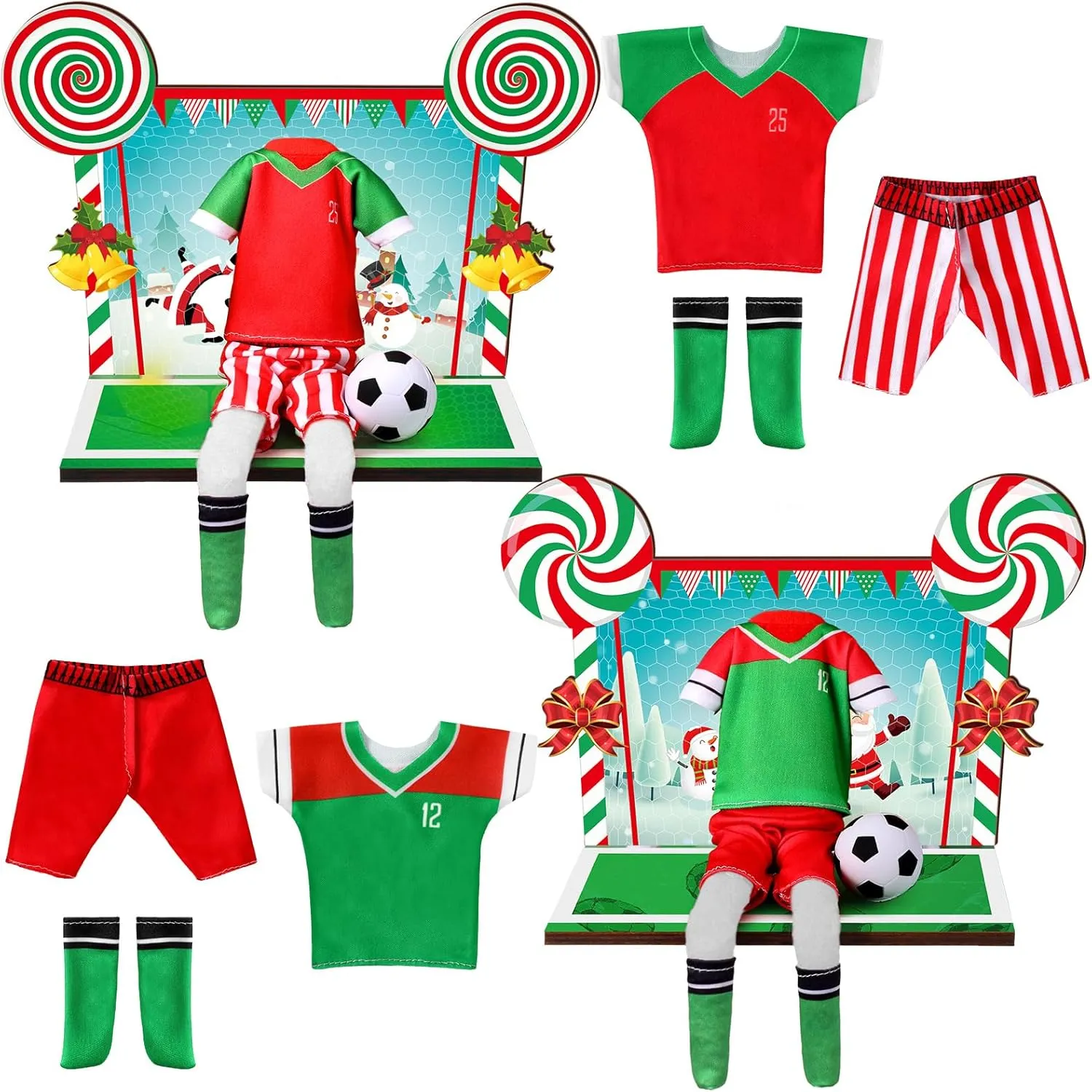 Sotiff 2 Sets/12 Pcs Christmas Doll Accessories Set Football Kit Include Football Sports Suit Mini Soccer Wooden Football Background Board Sports Clothes Soccer Field Set for Xmas Party