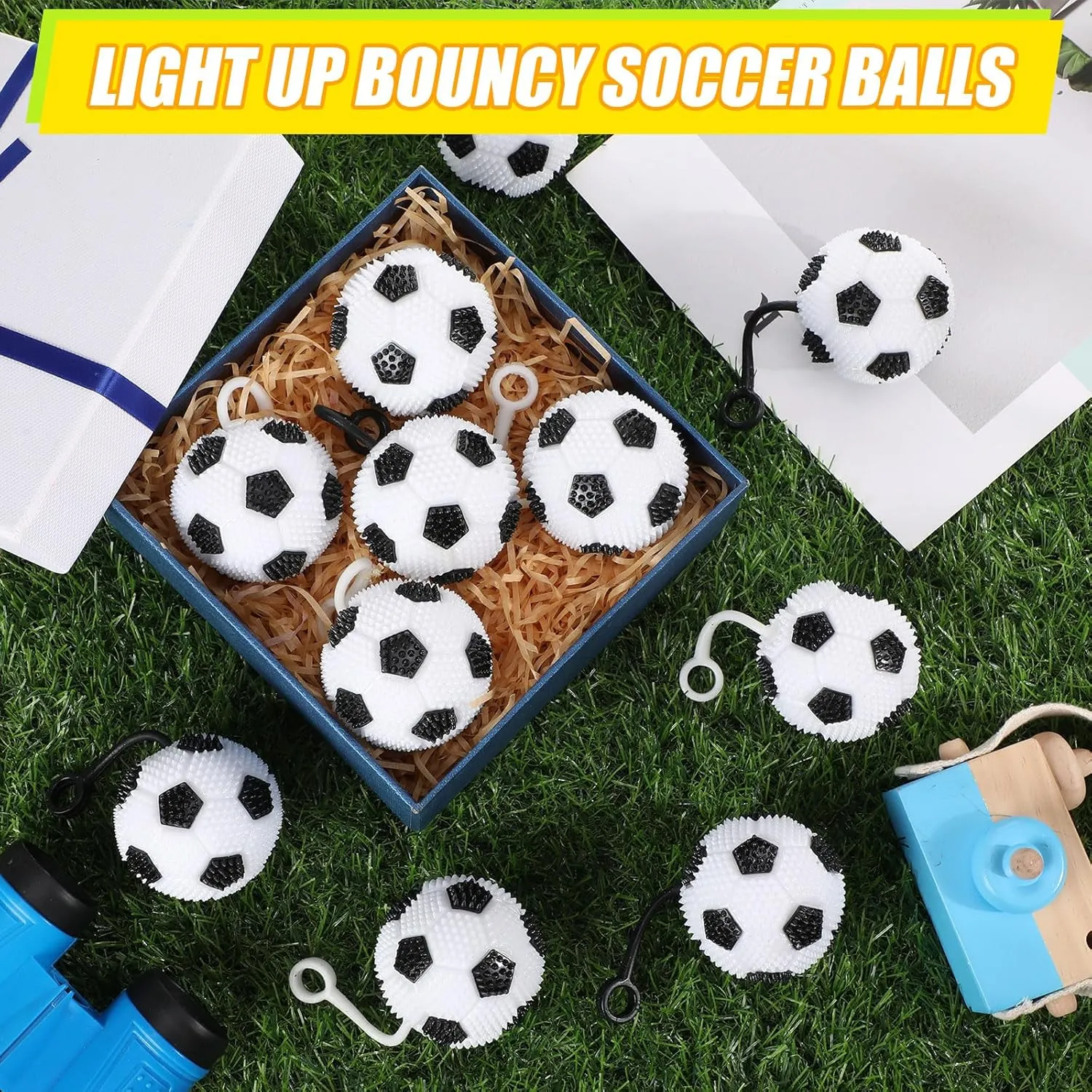 Sotiff 36 Pcs Light up Stress Soccer Ball Bulk Bouncy LED Flashing Squeaky Ball with Rope Rubber for Sensory Toys Carnival Boys Girls Gifts Birthday Glowing Party Favors Easter Goodie Bag Grad Gift