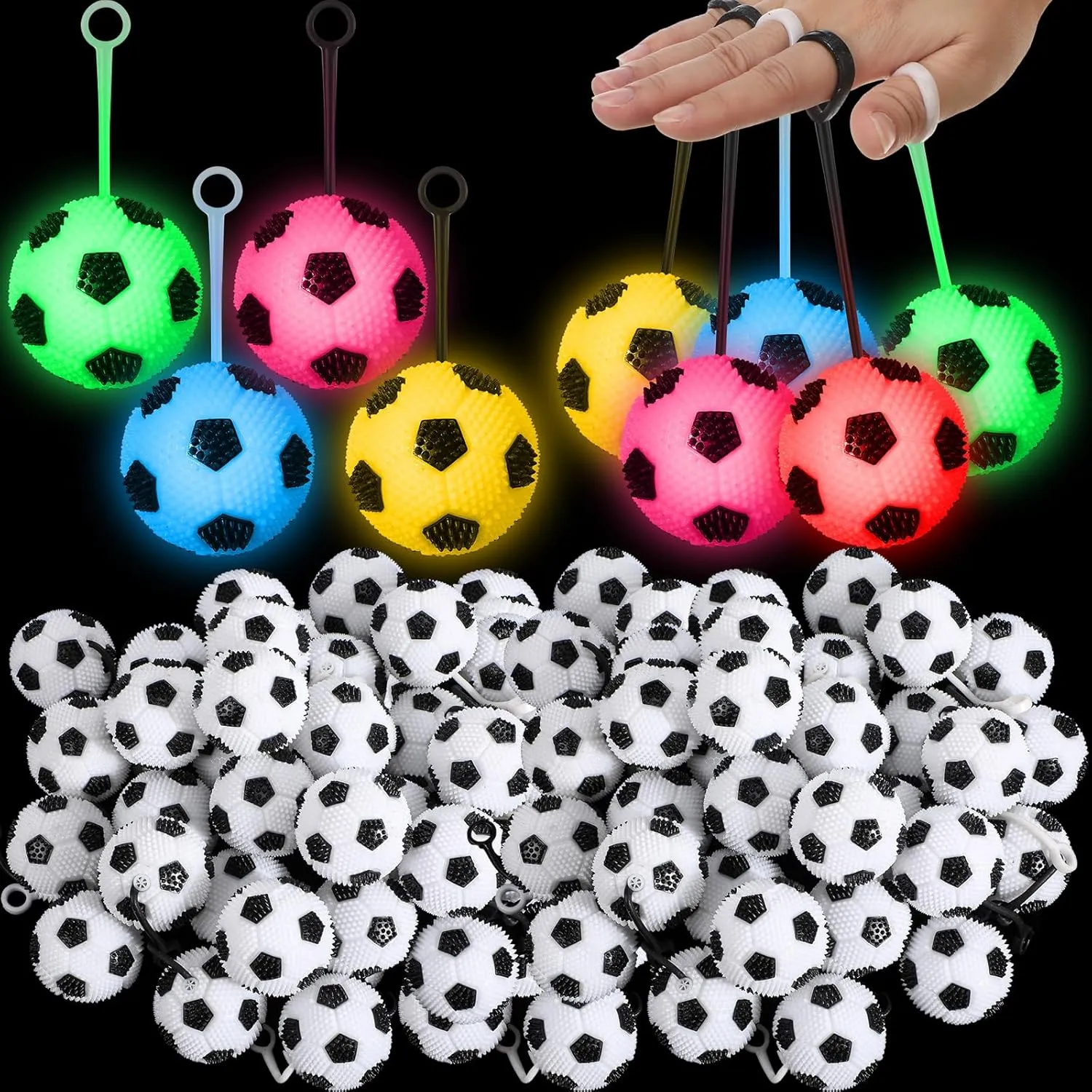 Sotiff 36 Pcs Light up Stress Soccer Ball Bulk Bouncy LED Flashing Squeaky Ball with Rope Rubber for Sensory Toys Carnival Boys Girls Gifts Birthday Glowing Party Favors Easter Goodie Bag Grad Gift