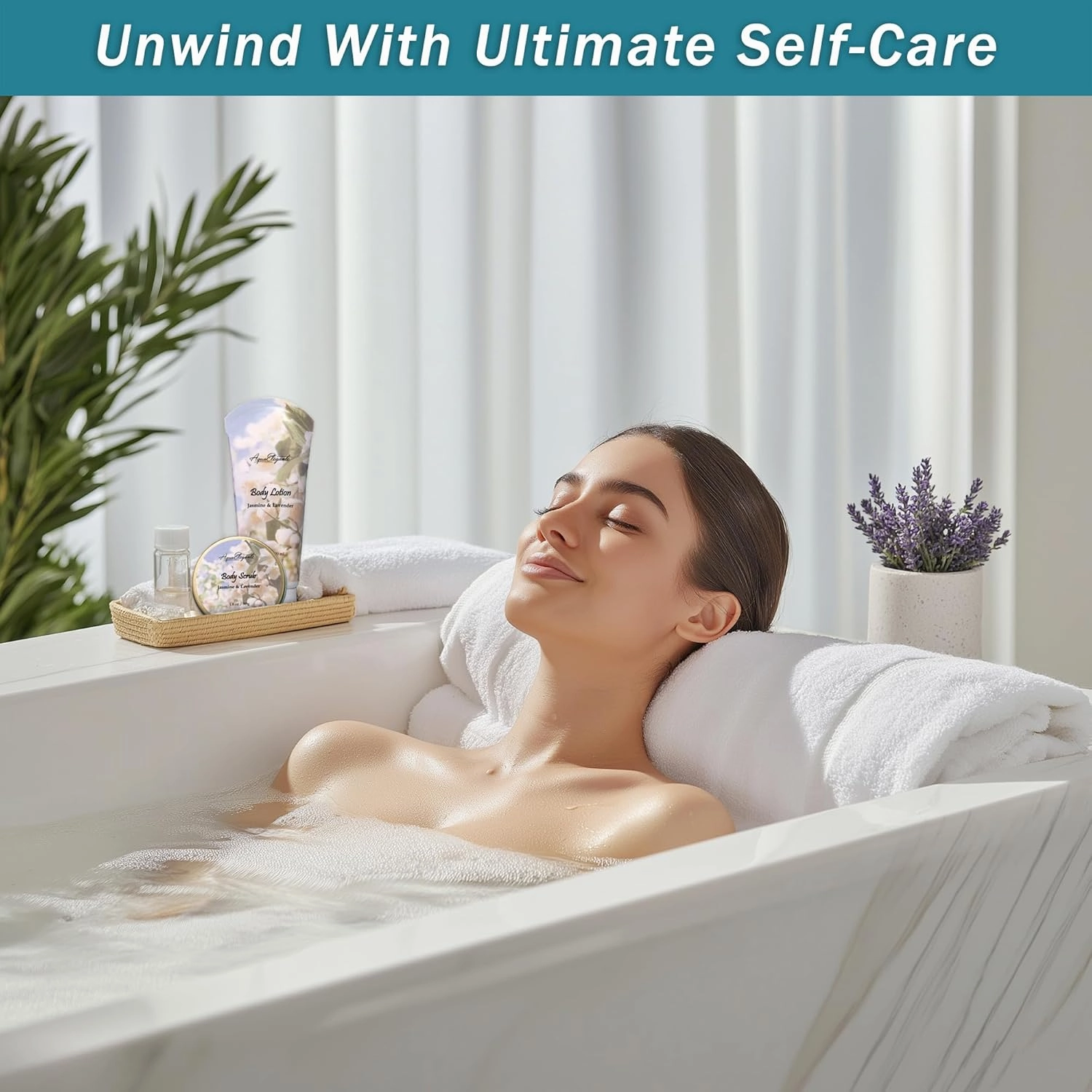 Spa Baskets For Women - Luxury Bath Set With Jasmine & Lavender - Spa Kit Includes Wash, Bubble Bath, Lotion, Bath Salts, Body Scrub, Hand Cream, Shower Puff, Bathbombs, Soap and Towel