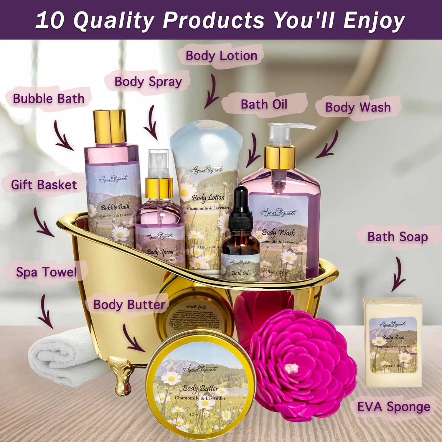 Spa Gift Baskets For Women - Luxury Bath Set With Lavender & Chamomile - Spa Kit Includes Body Wash, Bubble Bath, Lotion, Body Butter, Soap, Body Spray, Shower Puff, and Towel