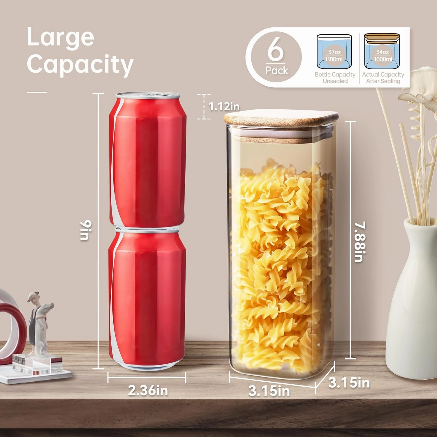 Square Glass Jars with Bamboo Lids 34 FL OZ [Set of 6], Glass Canisters with Airtight Lid, Glass Food Storage Container for Pasta, Flour, Sugar, Rice, Best for Kitchen & Pantry