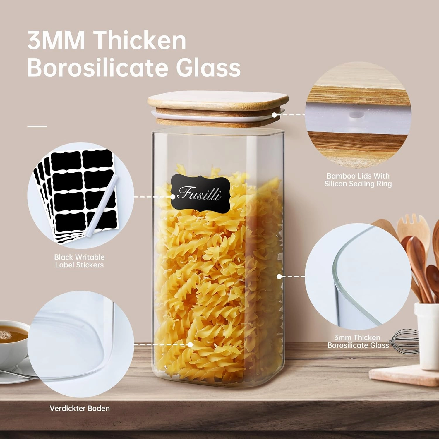 Square Glass Jars with Bamboo Lids 34 FL OZ [Set of 6], Glass Canisters with Airtight Lid, Glass Food Storage Container for Pasta, Flour, Sugar, Rice, Best for Kitchen & Pantry