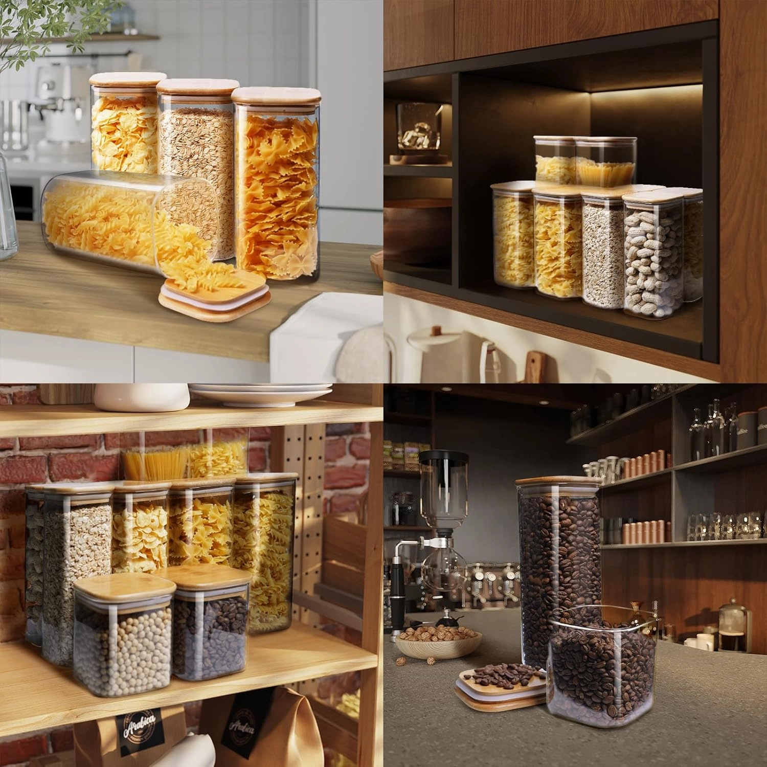 Square Glass Jars with Bamboo Lids 34 FL OZ [Set of 6], Glass Canisters with Airtight Lid, Glass Food Storage Container for Pasta, Flour, Sugar, Rice, Best for Kitchen & Pantry