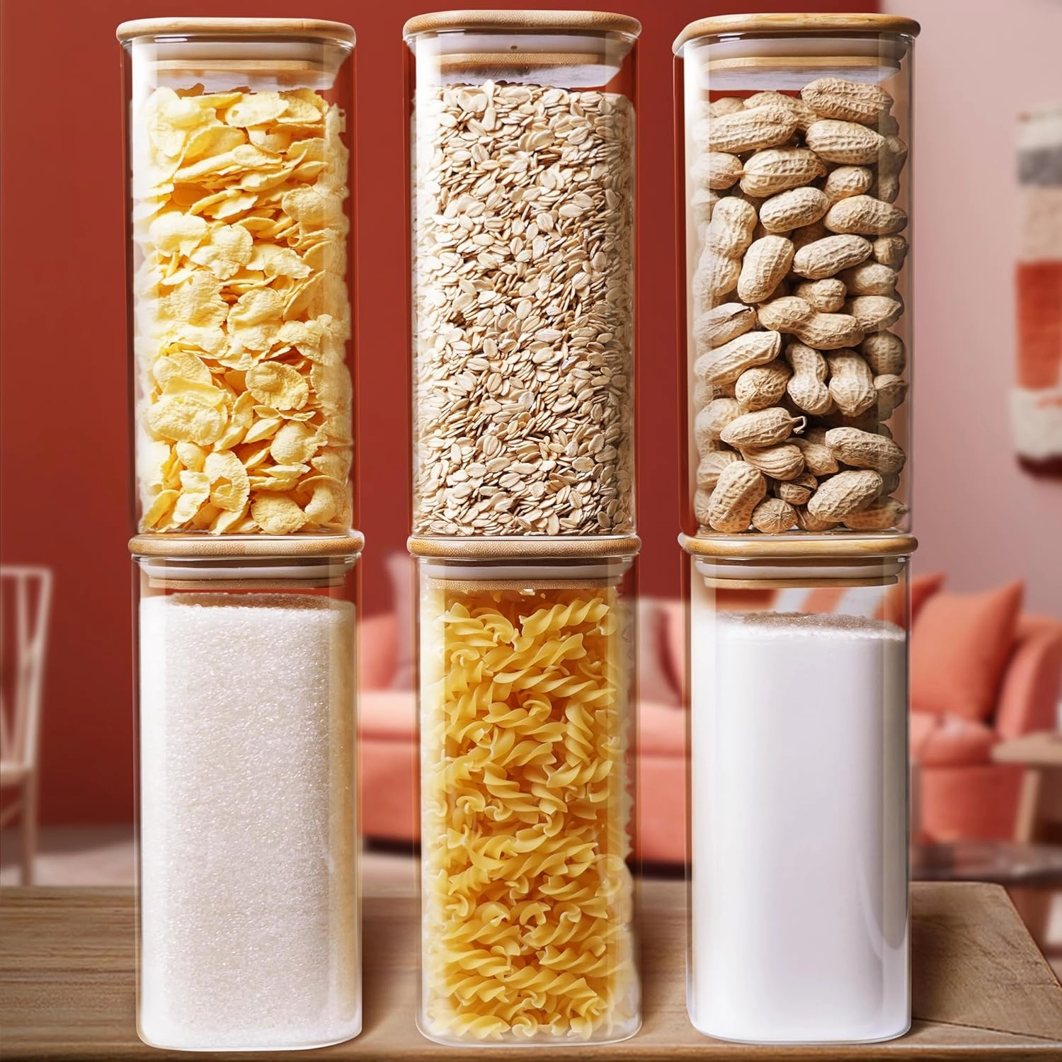 Square Glass Jars with Bamboo Lids 34 FL OZ [Set of 6], Glass Canisters with Airtight Lid, Glass Food Storage Container for Pasta, Flour, Sugar, Rice, Best for Kitchen & Pantry