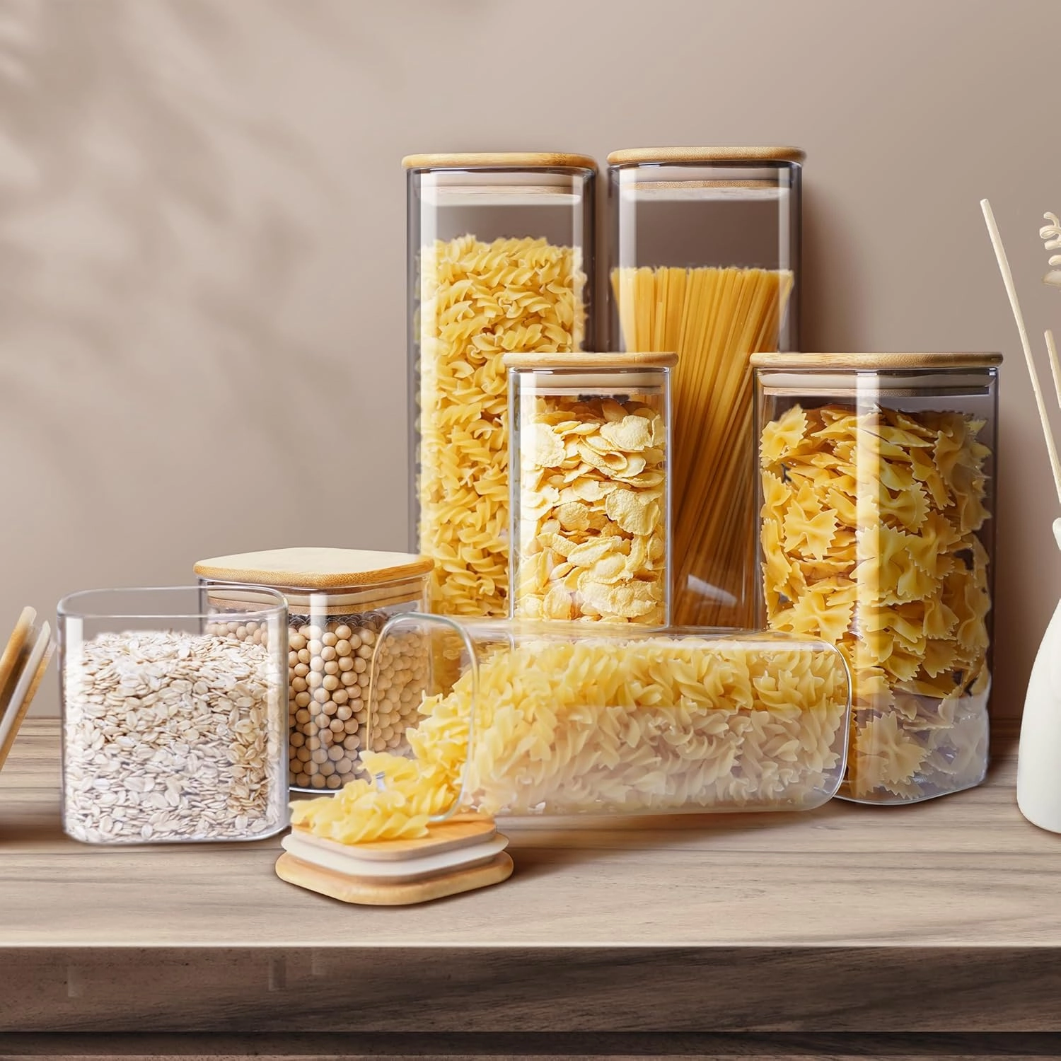 Square Glass Jars with Bamboo Lids 34 FL OZ [Set of 6], Glass Canisters with Airtight Lid, Glass Food Storage Container for Pasta, Flour, Sugar, Rice, Best for Kitchen & Pantry