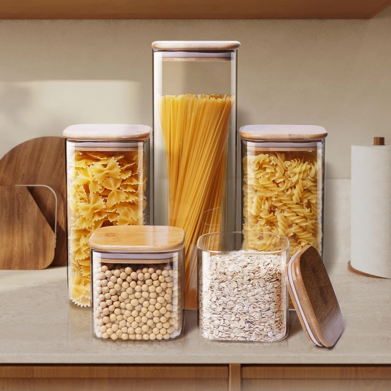 Square Glass Jars with Bamboo Lids 34 FL OZ [Set of 6], Glass Canisters with Airtight Lid, Glass Food Storage Container for Pasta, Flour, Sugar, Rice, Best for Kitchen & Pantry