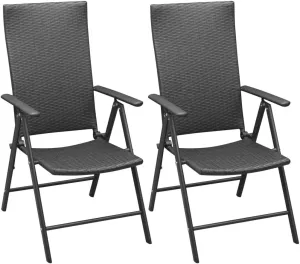 Stackable Folding Patio Chairs 2 Pcs Black Poly Rattan Outdoor Chairs with Aluminum Frame 7-Position Reclining Backrest for Garden Terrace Patio Deck