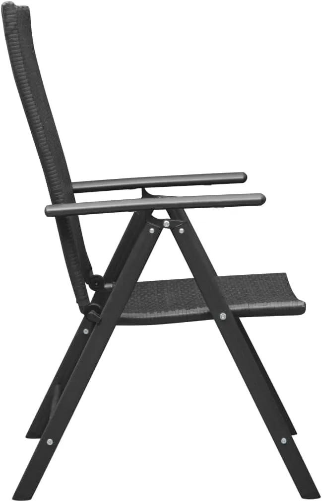Stackable Folding Patio Chairs 2 Pcs Black Poly Rattan Outdoor Chairs with Aluminum Frame 7-Position Reclining Backrest for Garden Terrace Patio Deck