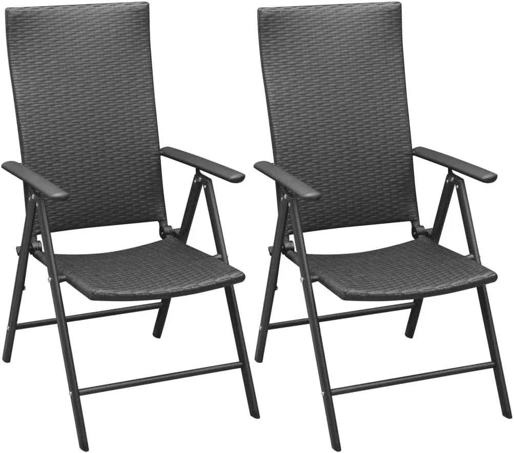 Stackable Folding Patio Chairs 2 Pcs Black Poly Rattan Outdoor Chairs with Aluminum Frame 7-Position Reclining Backrest for Garden Terrace Patio Deck