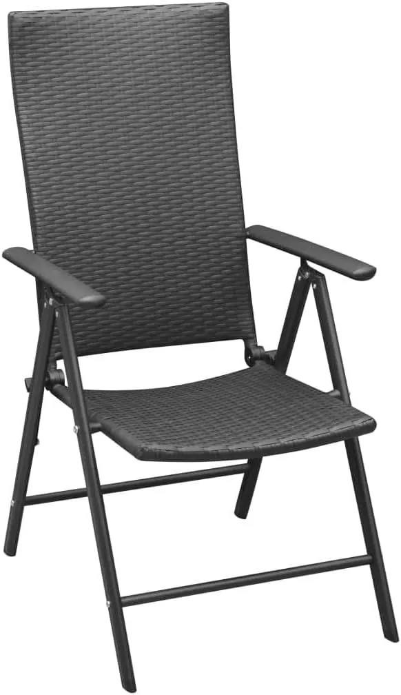 Stackable Folding Patio Chairs 2 Pcs Black Poly Rattan Outdoor Chairs with Aluminum Frame 7-Position Reclining Backrest for Garden Terrace Patio Deck