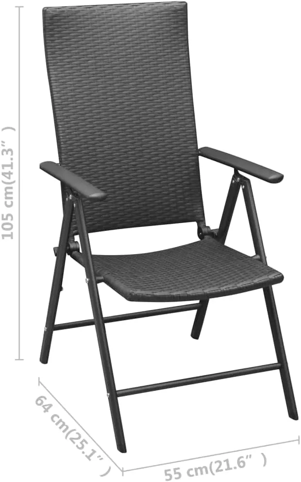 Stackable Folding Patio Chairs 2 Pcs Black Poly Rattan Outdoor Chairs with Aluminum Frame 7-Position Reclining Backrest for Garden Terrace Patio Deck