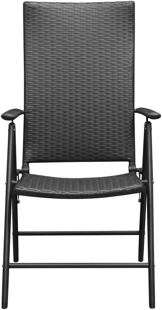 Stackable Folding Patio Chairs 2 Pcs Black Poly Rattan Outdoor Chairs with Aluminum Frame 7-Position Reclining Backrest for Garden Terrace Patio Deck
