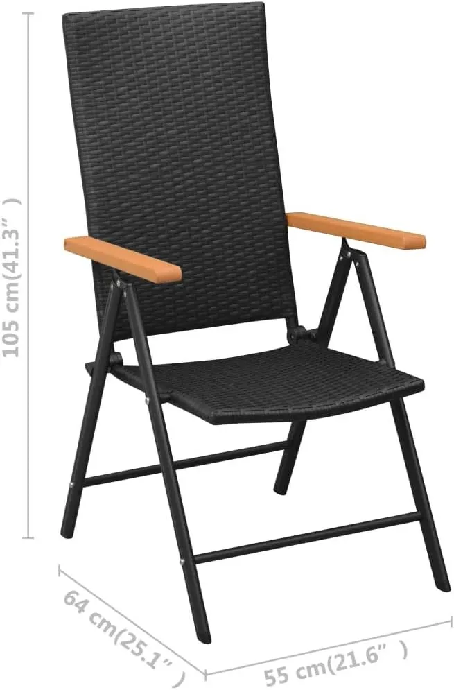 Stackable Folding Patio Chairs Set of 2 - Black Reclining Outdoor Chairs with PE Rattan, WPC Armrests, and Powder-Coated Aluminum Frame for Garden, Terrace, and Patio Use