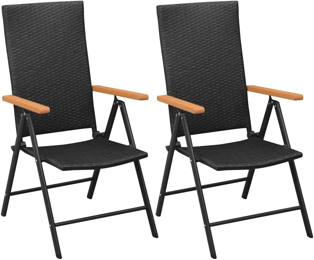 Stackable Folding Patio Chairs Set of 2 - Black Reclining Outdoor Chairs with PE Rattan, WPC Armrests, and Powder-Coated Aluminum Frame for Garden, Terrace, and Patio Use
