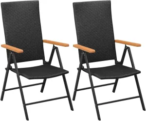 Stackable Folding Patio Chairs Set of 2 - Black Reclining Outdoor Chairs with PE Rattan, WPC Armrests, and Powder-Coated Aluminum Frame for Garden, Terrace, and Patio Use