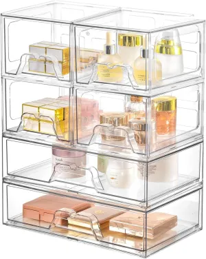 Stackable Makeup Organizer Storage Drawers Set of 6, Clear Plastic Organizer Bins for Beauty Supplies,Ideal for Vanity, Bathroom,Cabinet,Pantry Organization (2Long 4 Short)