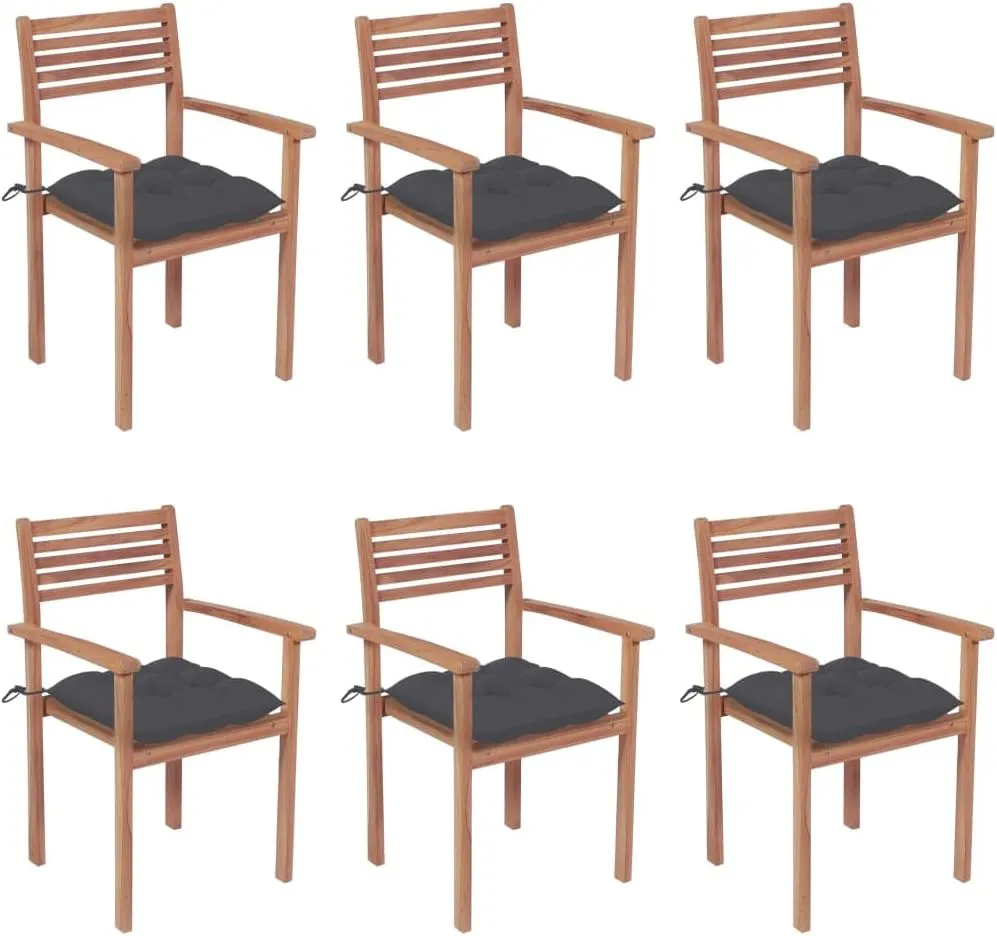 Stackable Patio Chairs with Cushions 6 Pcs Solid Teak Wood Outdoor Dining Chairs for Garden Backyard Porch Deck