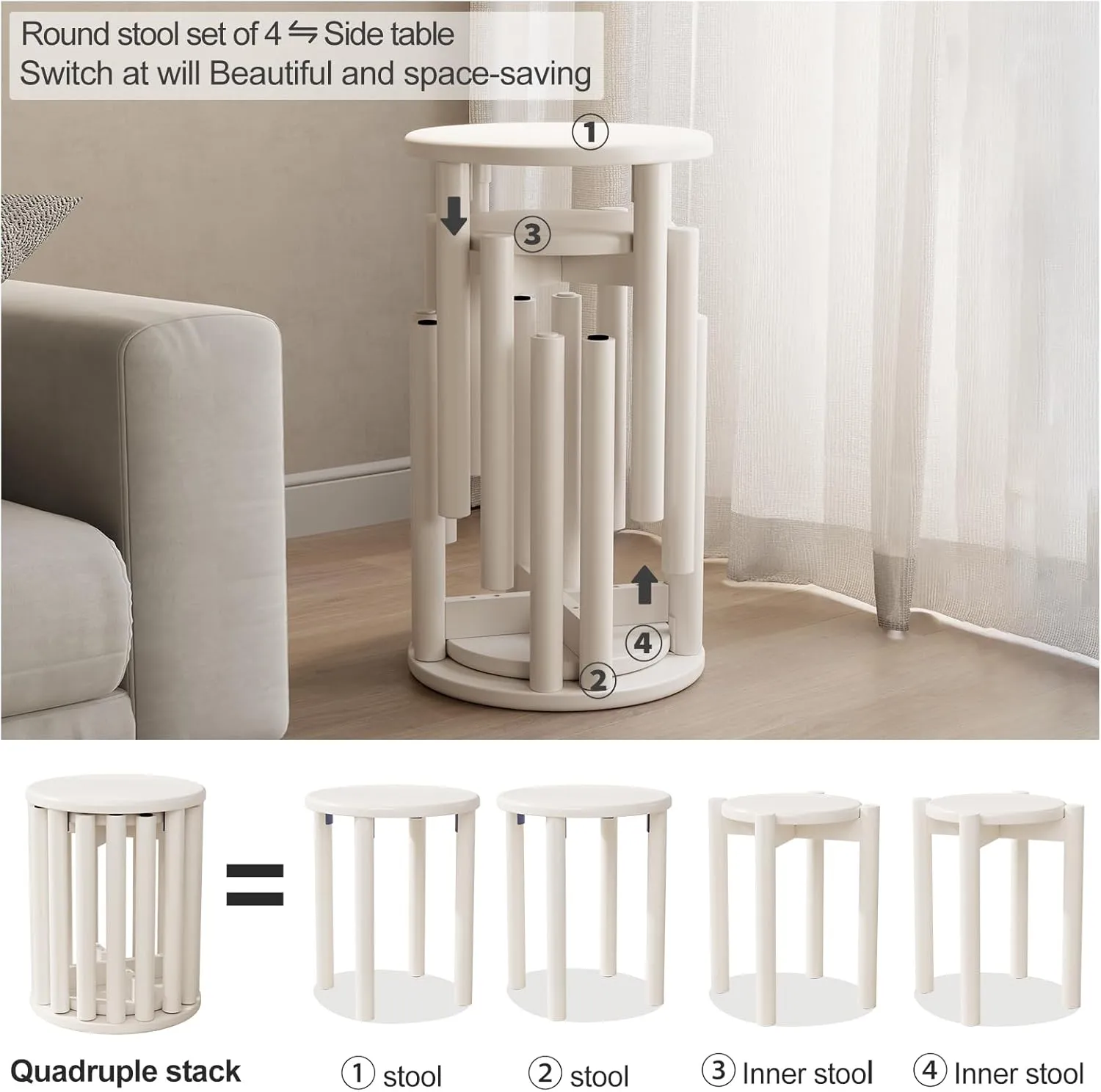 Stackable Stools Set of 4, Wood Stool 18 Inch Stool Stackable Side Tables Nesting Table Sturdy and Durable, No Installation Required for End Table,Top Stackable Round Stools(White Barstool)