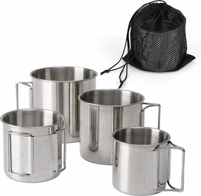 Stackable Camping Mug Stainless Steel Portable Cups with Folding Handle & Mesh Bag for Touring Trips Outdoor Camping Campfire Hiking Picnic 4 Piece Set 7.44oz, 11.16oz, 16.9oz, 22.3oz