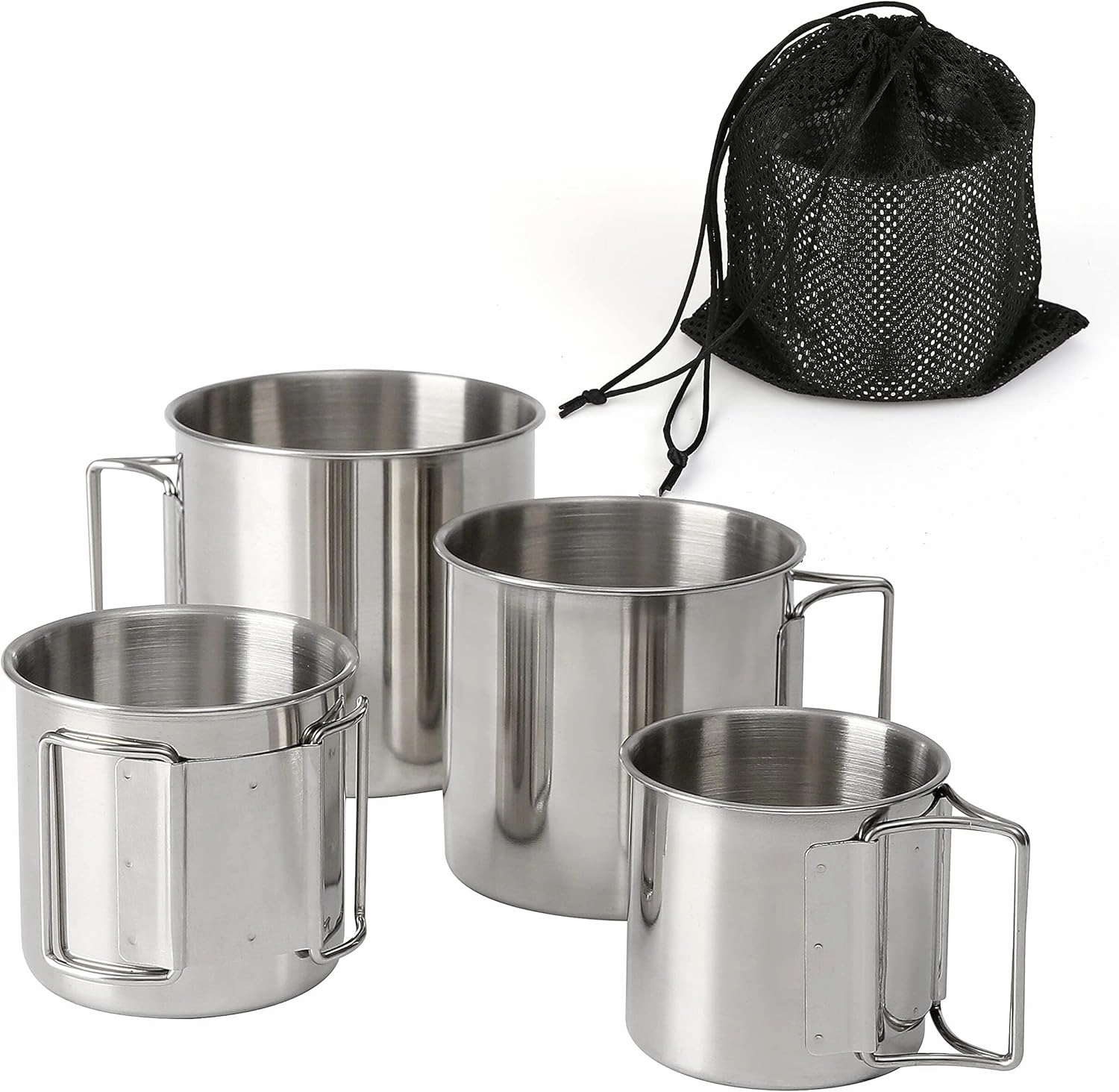 Stackable Camping Mug Stainless Steel Portable Cups with Folding Handle & Mesh Bag for Touring Trips Outdoor Camping Campfire Hiking Picnic 4 Piece Set 7.44oz, 11.16oz, 16.9oz, 22.3oz