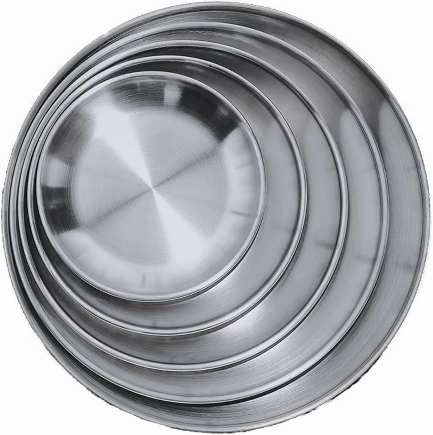Stainless Steel Plates Dishes Saucer Metal Stackable Serving Plates Outdoor Camping Home Food Tray Round Dinnerware Hiking Backpacking Travel Portable Durable Tableware (5 PCS/SET)