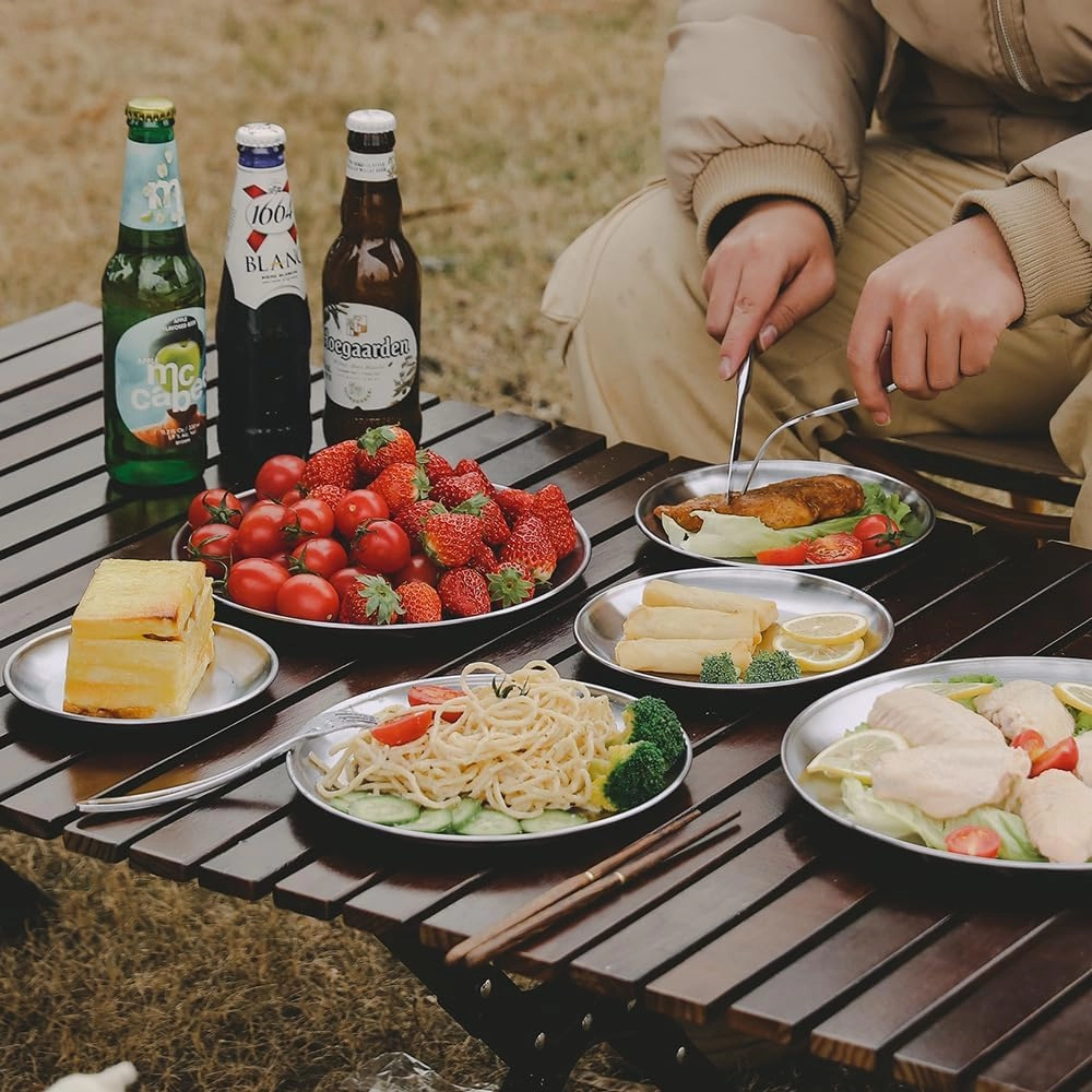 Stainless Steel Plates Dishes Saucer Metal Stackable Serving Plates Outdoor Camping Home Food Tray Round Dinnerware Hiking Backpacking Travel Portable Durable Tableware (5 PCS/SET)