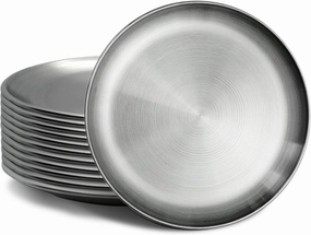 Stainless Steel Plates Silver Lightweight Unbreakable Dinner Dishes Plates Set Feeding Serving Camping Reusable and Dishwasher Safe (12Pcs 8 Inches)