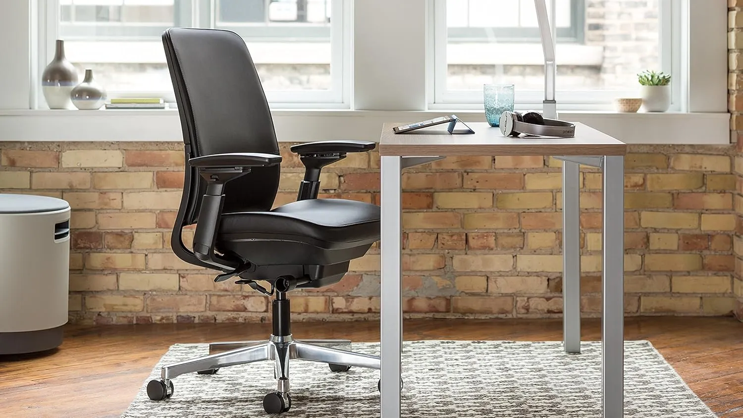 Steelcase Amia Ergonomic Office Chair with Adjustable Back Tension and Arms | Flexible Lumbar with Sliding Seat | Black Frame and Black Leather