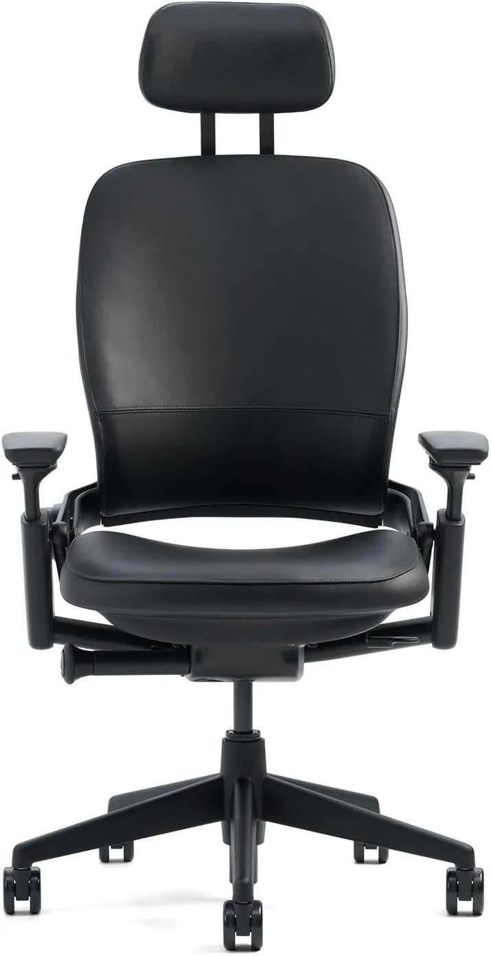 Steelcase Leap Desk Chair with Headrest Rocky Leather Seat and Back - 4-Way Highly Adjustable Arms - Black Frame and Base - Soft Dual Wheel Hard Floor Casters