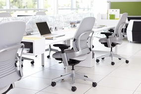 Steelcase Leap Desk Chair with Headrest Mahogany Leather Seat and Back - 4-Way Highly Adjustable Arms - Black Frame and Base - Soft Dual Wheel Hard Floor Casters