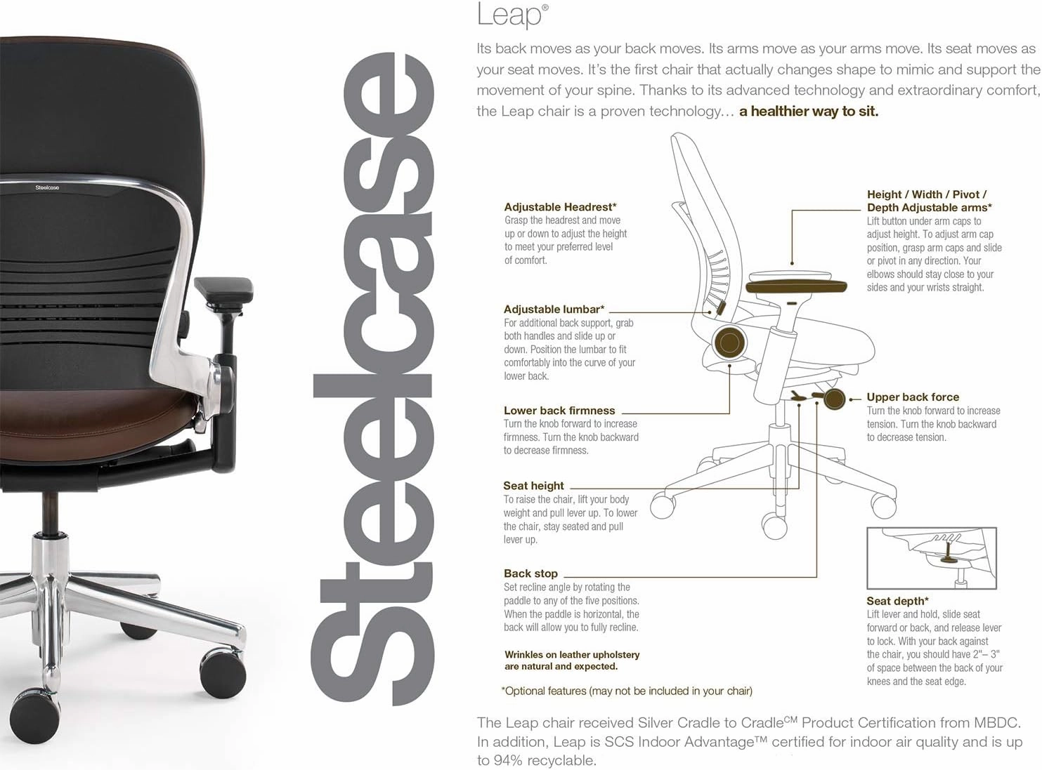 Steelcase Leap Desk Task Chair in Buzz2 5G54 Carrot Fabric - 4-Way Highly Adjustable Arms - Black Frame and Base - Soft Dual Wheel Hard Floor Casters
