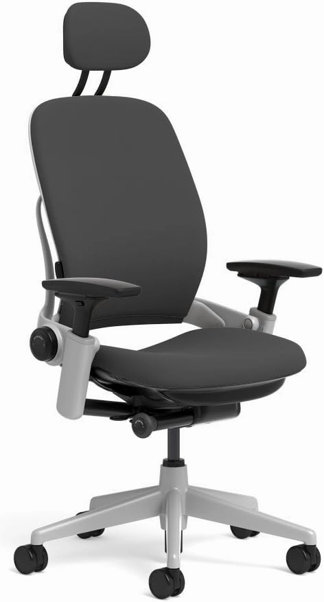 Steelcase Leap Task Chair: Platinum Base - 4D Adjustable Arms - Headrest - Standard Carpet Casters