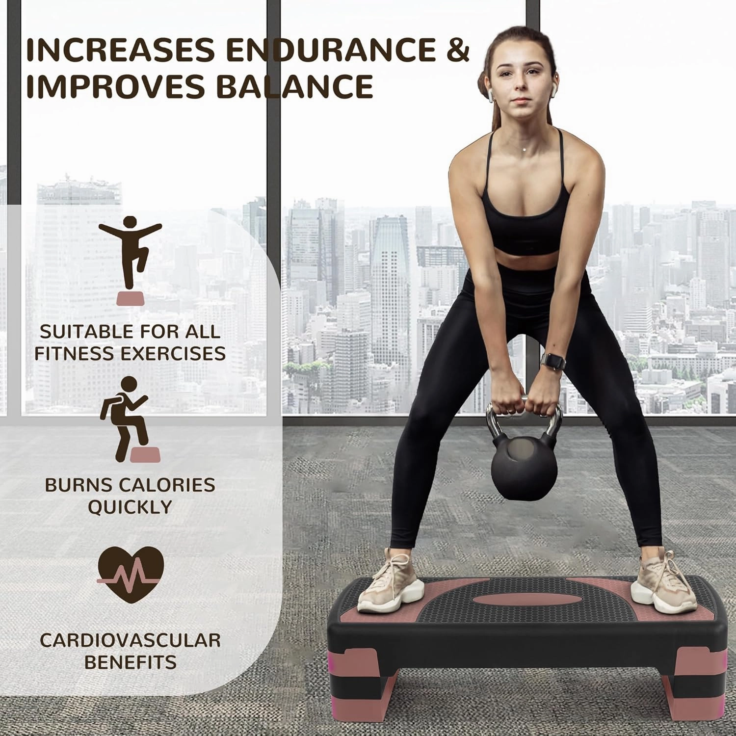 Step Aerobic Platform, Exercise Step with 5 levels Adjustable Height, 4 Stackable Risers, Fitness Training Workout Stepper for Home Gym, Cardio Strength, Multiple Options