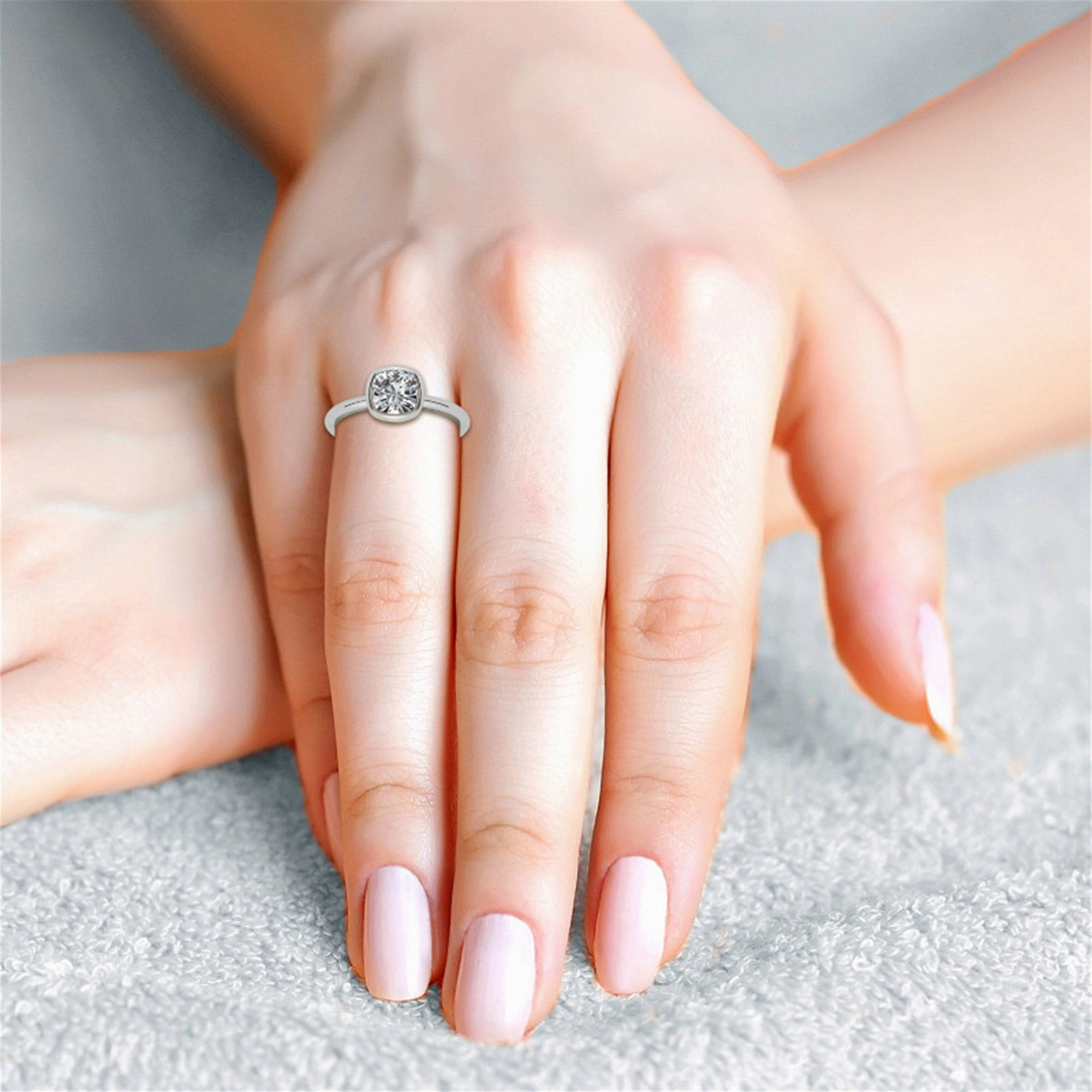 Sterling Silver Cushion-Cut Diamond Adjustable  Engagement White Gold Ring For Woman