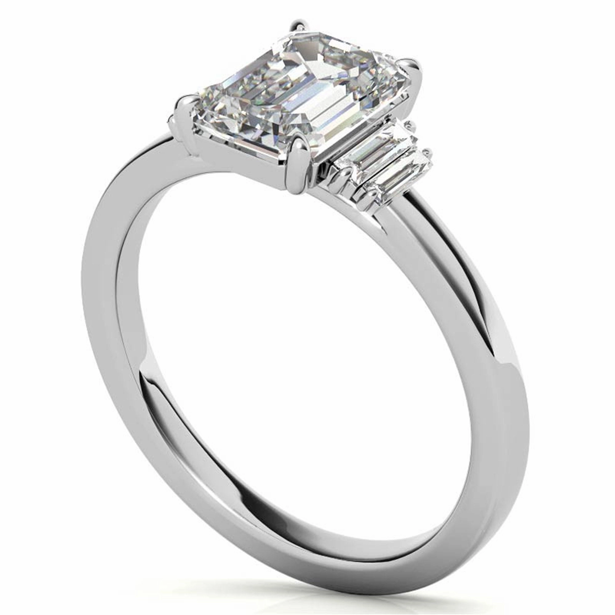 Sterling Silver Emerald-Cut Center Stone With Baguette Adjustable  Engagement White Gold Ring For Woman